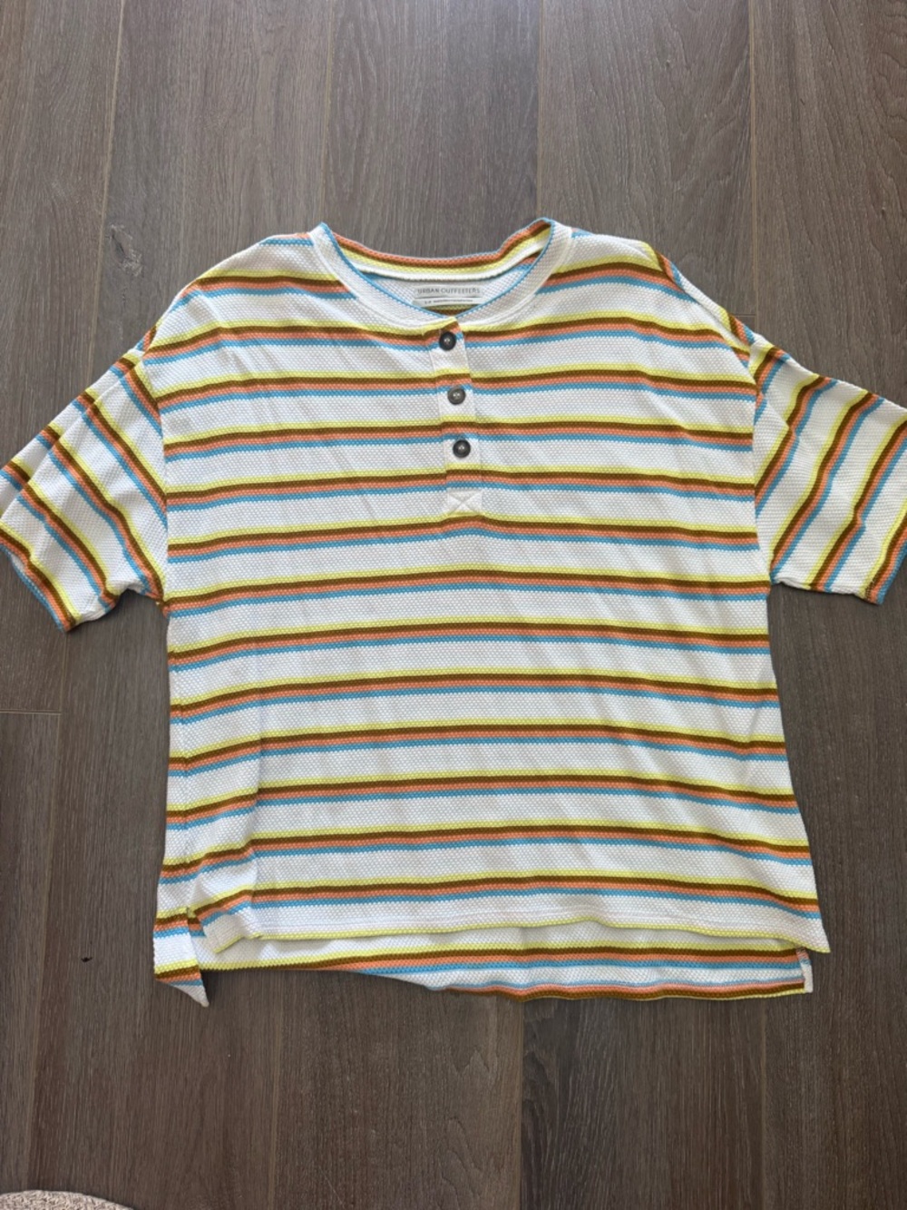 Urban Outfitters Short-Sleeve Henley Tee in White, Yellow & Blue